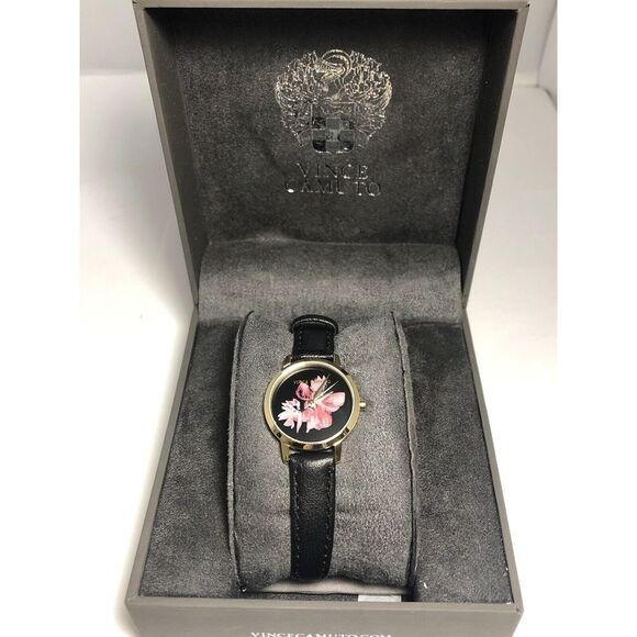 Vince Camuto VC5352 Unisex Black Leather Analog Black Dial Quartz Watch BW114 - Picture 2 of 10